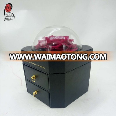 Hot sell preserved rose in glass dome with Jewelry box